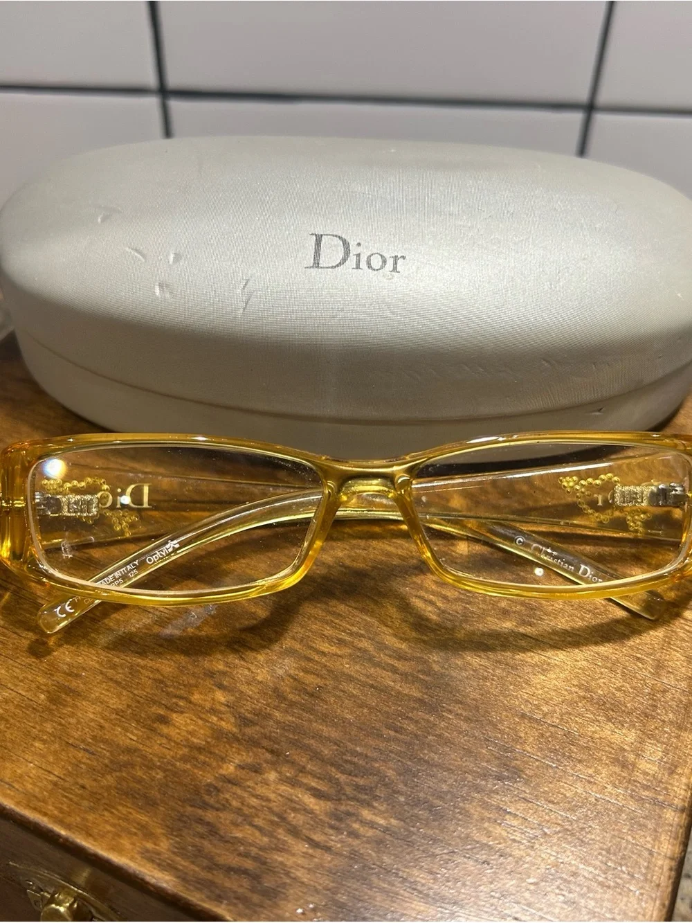 Dior Yellow Y2K Glasses w/Case Rhinestone design on frame